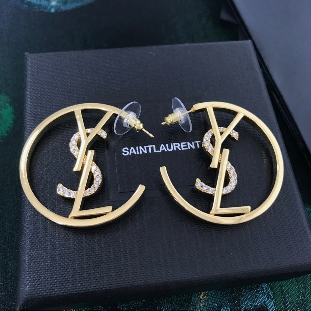 Saint Laurent Gold Logo Earrings with Crystal Detail